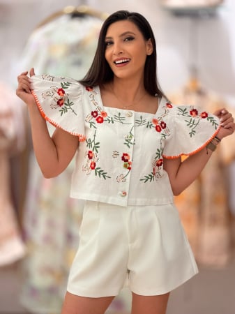 Bluze si camasi - Bluza cu broderie florala si maneci volan