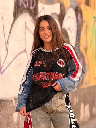COLECTIA DE TOAMNA - Bluza cu dantela si maneci din denim