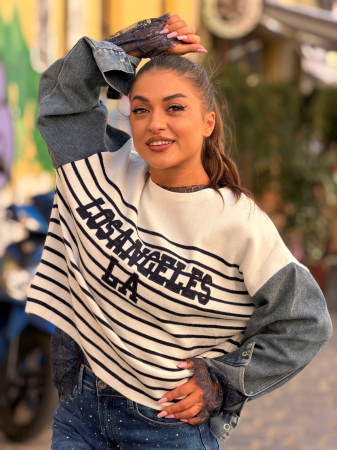 Bluza cu dungi Los Angeles si maneca din jeans [1]