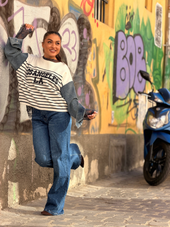 Bluza cu dungi Los Angeles si maneca din jeans [4]