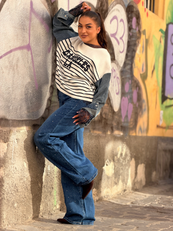 Bluza cu dungi Los Angeles si maneca din jeans [5]