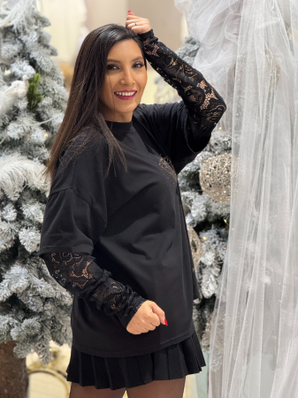 Bluza cu maneca din dantela si imprimeu diamant [5]