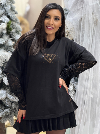 Bluza cu maneca din dantela si imprimeu diamant [4]