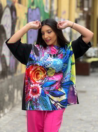 Bluze si camasi - Bluza din bumbac cu imprimeu cu roz si albastru