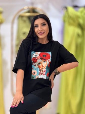 Bluze si camasi - Bluza din bumbac cu imprimeu fata cu flori in par