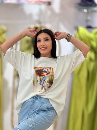 Bluze si camasi - Bluza din bumbac cu imprimeu fetita cu funda albastra