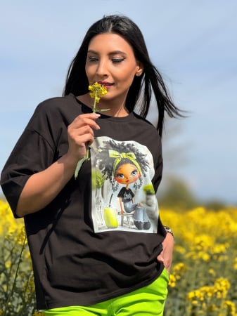 Imbracaminte de dama - Bluza din bumbac cu imprimeu fetita cu funda verde