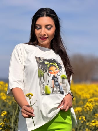 Imbracaminte de dama - Bluza din bumbac cu imprimeu fetita cu fundita verde