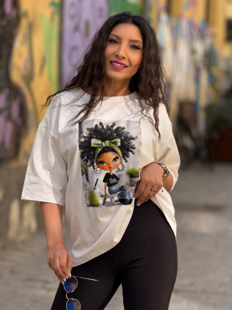 Imbracaminte de dama - Bluza din bumbac cu imprimeu fetita cu fundita verde