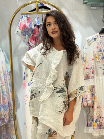 Noutati - Bluza din in cu flori maro si volane decorative