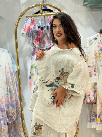 Bluza din in cu flori maro si volane decorative [1]
