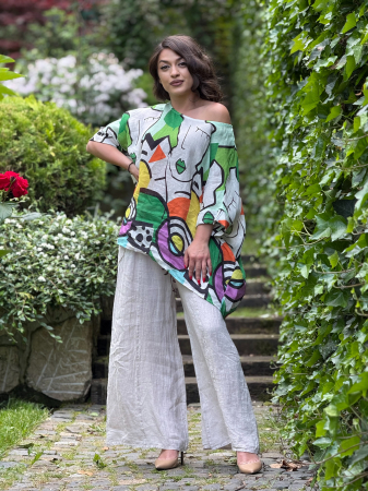 Imbracaminte de dama - Bluza din in cu imprimeu fete abstracte