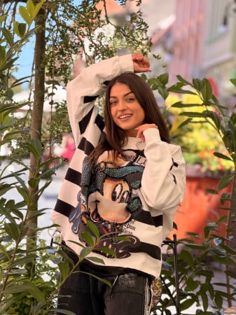 Imbracaminte de dama - Bluza in dungi alb-negru cu imprimeu Mickey Mouse
