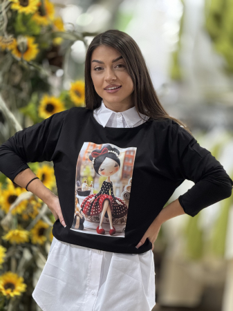Colectia NOUA - Bluza neagra cu imprimeu fetita cu perlute