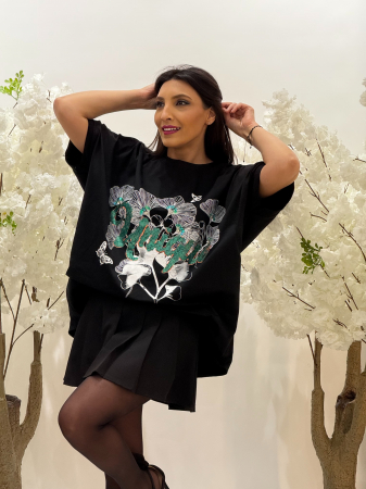 Promotii - Bluza neagra cu imprimeu flori si scris