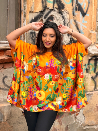 Bluza portocalie din vascoza cu imprimeu flori abstracte [5]