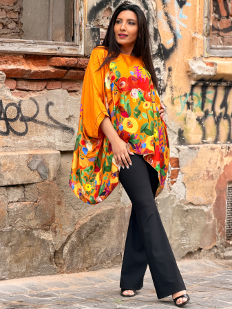 Bluza portocalie din vascoza cu imprimeu flori abstracte [1]