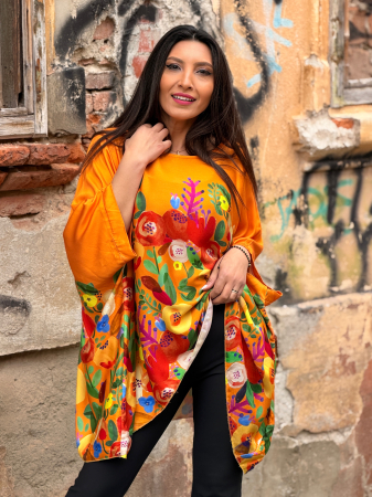 Bluza portocalie din vascoza cu imprimeu flori abstracte [6]