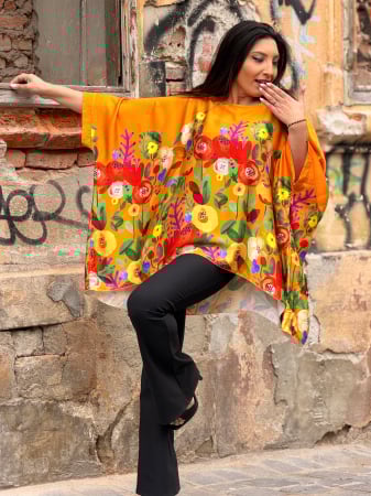 Bluze si camasi - Bluza portocalie din vascoza cu imprimeu flori abstracte