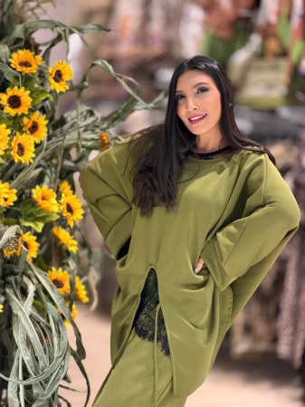 Bluza verde olive cu cordon in talie si maneci largi [1]
