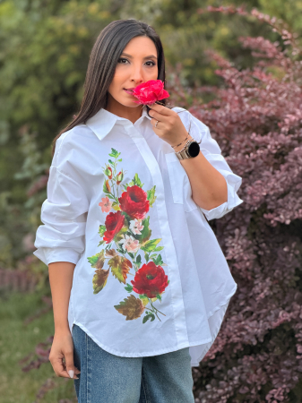 COLECTIA DE TOAMNA - Camasa alba cu imprimeu floral rosu