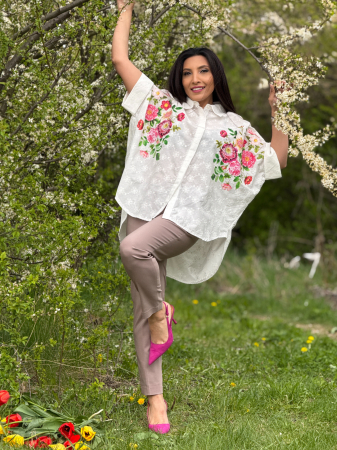Camasa cu broderie florala si imprimeu floral amplu pe lateral [5]
