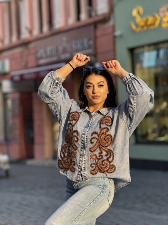 Colectia NOUA - Camasa din denim cu broderie decorativa maro