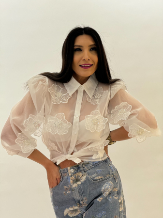 Imbracaminte de dama - Camasa din organza cu flori aplicate