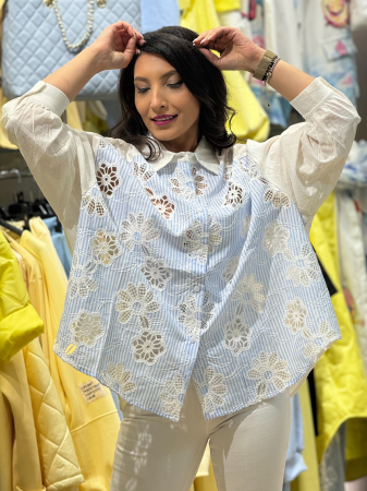 Cămașă lejeră cu dantelă florală aplicată și imprimeu în dungi bleu [2]