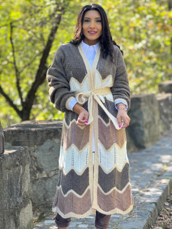 Cardigan lung tricotat cu dungi si model zig-zag [6]