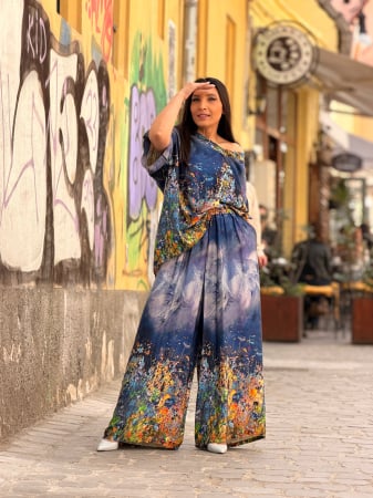 Noutati - Compleu albastru cu pantaloni cu imprimeu picasso