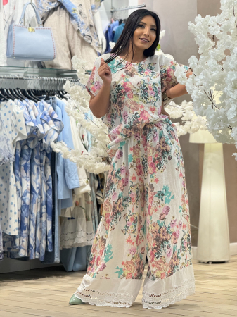 Compleuri si costume - Compleu din in cu imprimeu floricele colorate