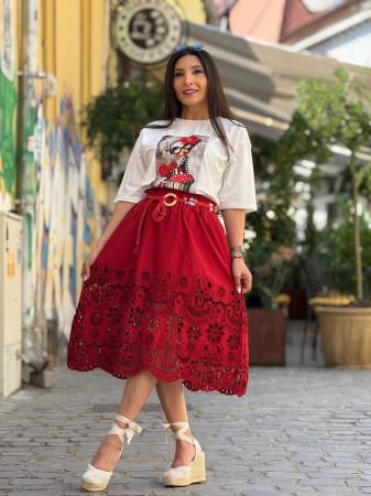 Fuste - Fusta bordo cu broderie decupata