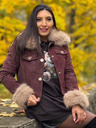 Geci si jachete - Geaca bordo din piele intoarsa cu blana