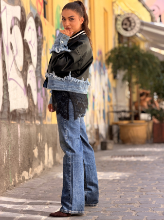 Geaca dama neagra din piele ecologica cu insertii si mansete din blugi [5]