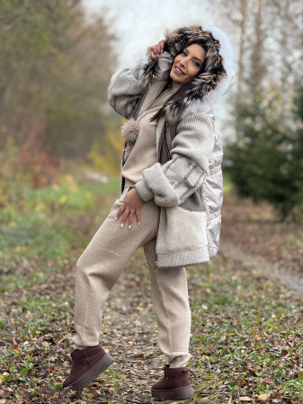 Geaca din piele ecologica si tricot cu guler din blana naturala [1]