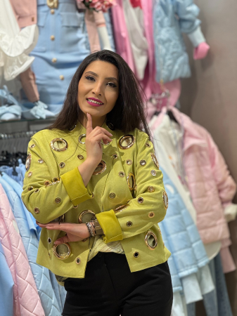 Imbracaminte de dama - Geaca din piele intoarsa cu aplicatii metalice circulare aurii