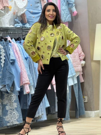 Geaca din piele intoarsa cu aplicatii metalice circulare aurii [2]