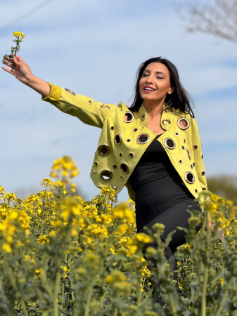 Promotii - Geaca din piele intoarsa cu aplicatii metalice circulare aurii