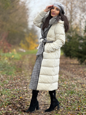 Geaca lunga cu imprimeu in carouri si guler din blana naturala [5]