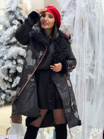 Geci de iarna - Geaca matlasata cu blana neagra si detalii rosii