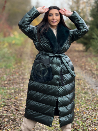 Geaca matlasata cu guler din blana naturala verde inchis [7]