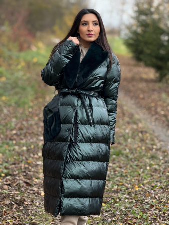 Geaca matlasata cu guler din blana naturala verde inchis [5]