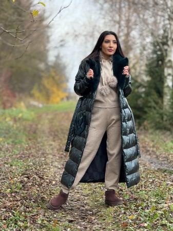 Geaca matlasata cu guler din blana naturala verde inchis [1]