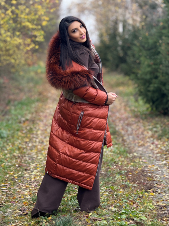 Geaca matlasata cu imprimeu in carouri si guler din blana naturala [3]