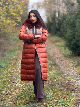 Geaca matlasata cu imprimeu in carouri si guler din blana naturala [2]