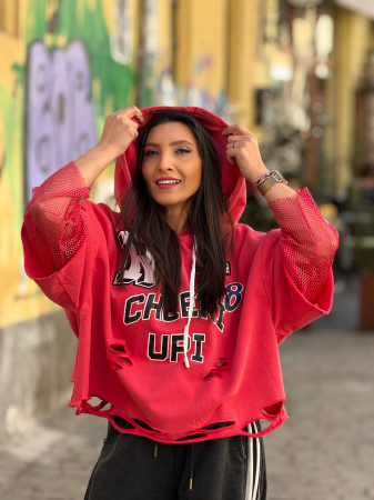 Hanorac cu aplicatii grafice sportive si detalii decorative din plasa [5]