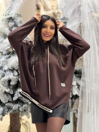 Imbracaminte de dama - Hanorac lejer cu gluga si tiv cu banda decorativa