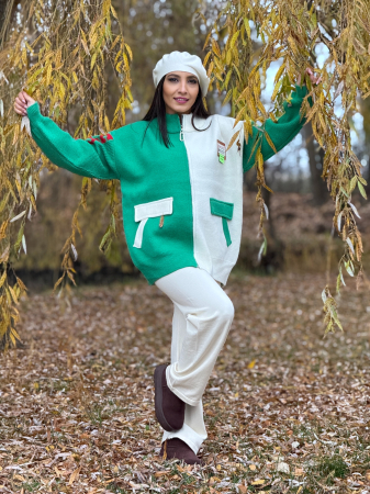 Imbracaminte de dama - Jacheta alb-verde cu fermoar si detalii sport