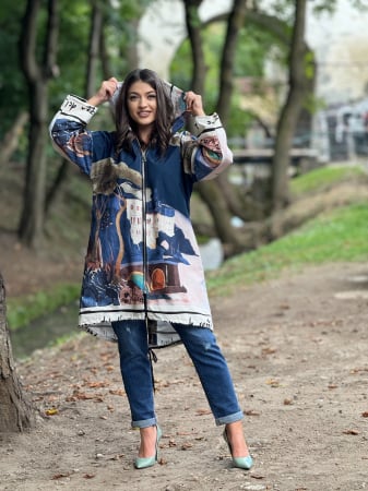 Geci si jachete - Jacheta artistica cu fermoar si imprimeu peisaj